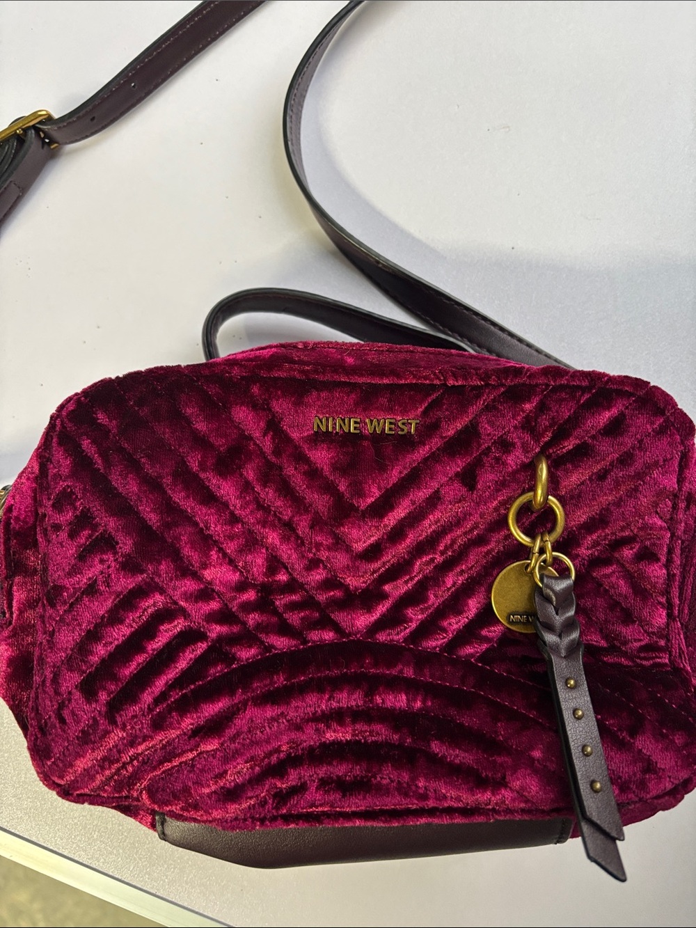 Nine West Velvet Quilted Crossbody in Burgundy